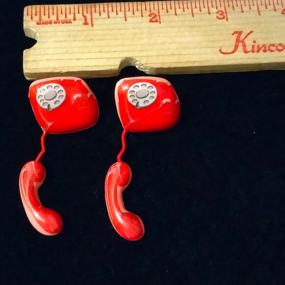 Standing Ovations Red Telephone of the Hook Vintage 80s Dangle Earrings - Picture 2 of 14